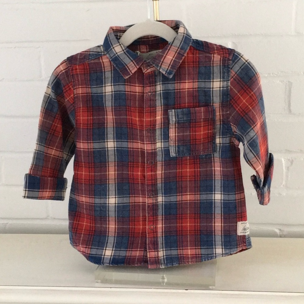 New Zara Toddler Boys Classic Plaid Flannel Shirt  paint Collar Size 2/3